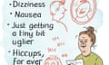 A cartoon image of a woman reading a list of possible side-effects of medication