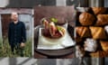 From left to right: image of a man smiling at camera, image of a fig panna cotta in a glass, image of croissants