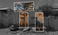 Three sections of bright colour photographs of a tree and plants are superimposed on to a black and white photograph of a street full of rubble and rubbish