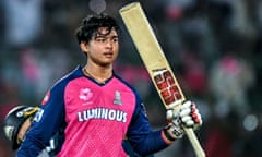 Vaibhav Suryavanshi celebrates after scoring a century for Rajasthan Royals against Gujarat Titans in the Indian Premier League