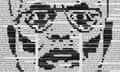 Illustration of Narendra Modi made up of black lines on a page of text to look like redacted words in an article