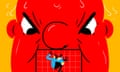 An illustration of a red-faced cartoon-style person, with a goalpost and footballer in the middle