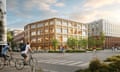 multi-storey wood buildings with streets and cyclists around them