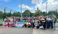 Protestors gather in support of transgender people following news that they will be barred from playing in many competitive women's sports