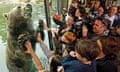a bear on one side of glass with a crowd of people, including many children, on the other