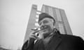 Hungarian-born architect and furniture designer Erno Goldfinger in 1968, in front of the Balfron Tower in Poplar, London, which he designed.