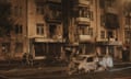 Firefighters at a damaged building after a mass Russian massive drone strike on Ukraine’s second city of Kharkiv late on Friday.